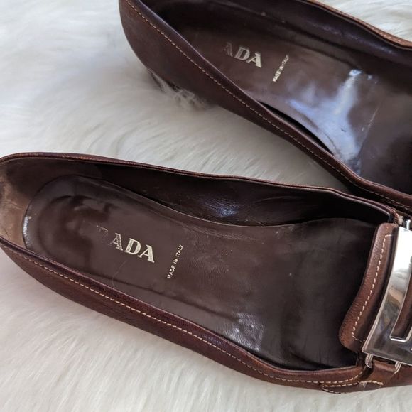 Prada Brown Leather Loafers Silver Buckle 38 - Picture 3 of 7